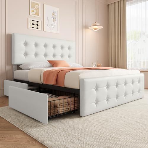 Black Queen Size Faux Leather Upholstered Platform Bed Frame with 4 Storage Drawers and Headboard C4351