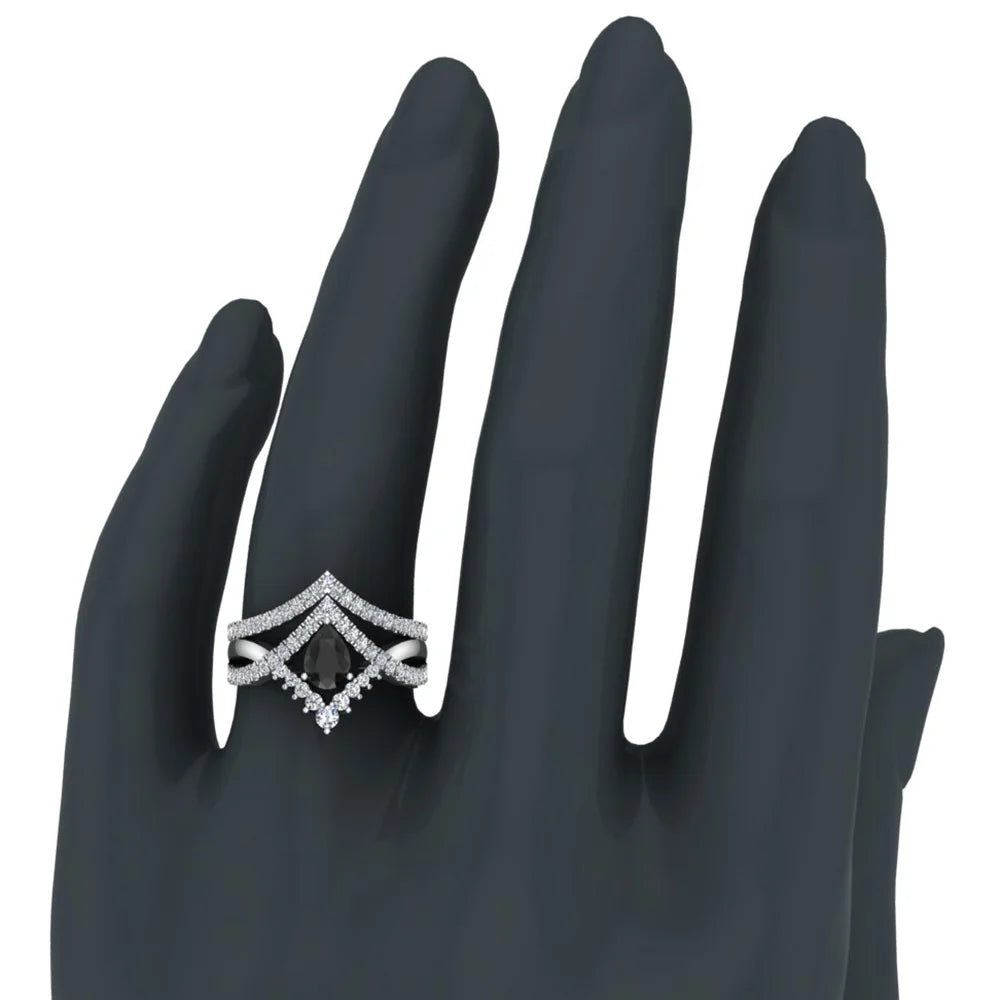 Pear Cut Black Diamond Wedding Ring Set 14K White Gold K76059