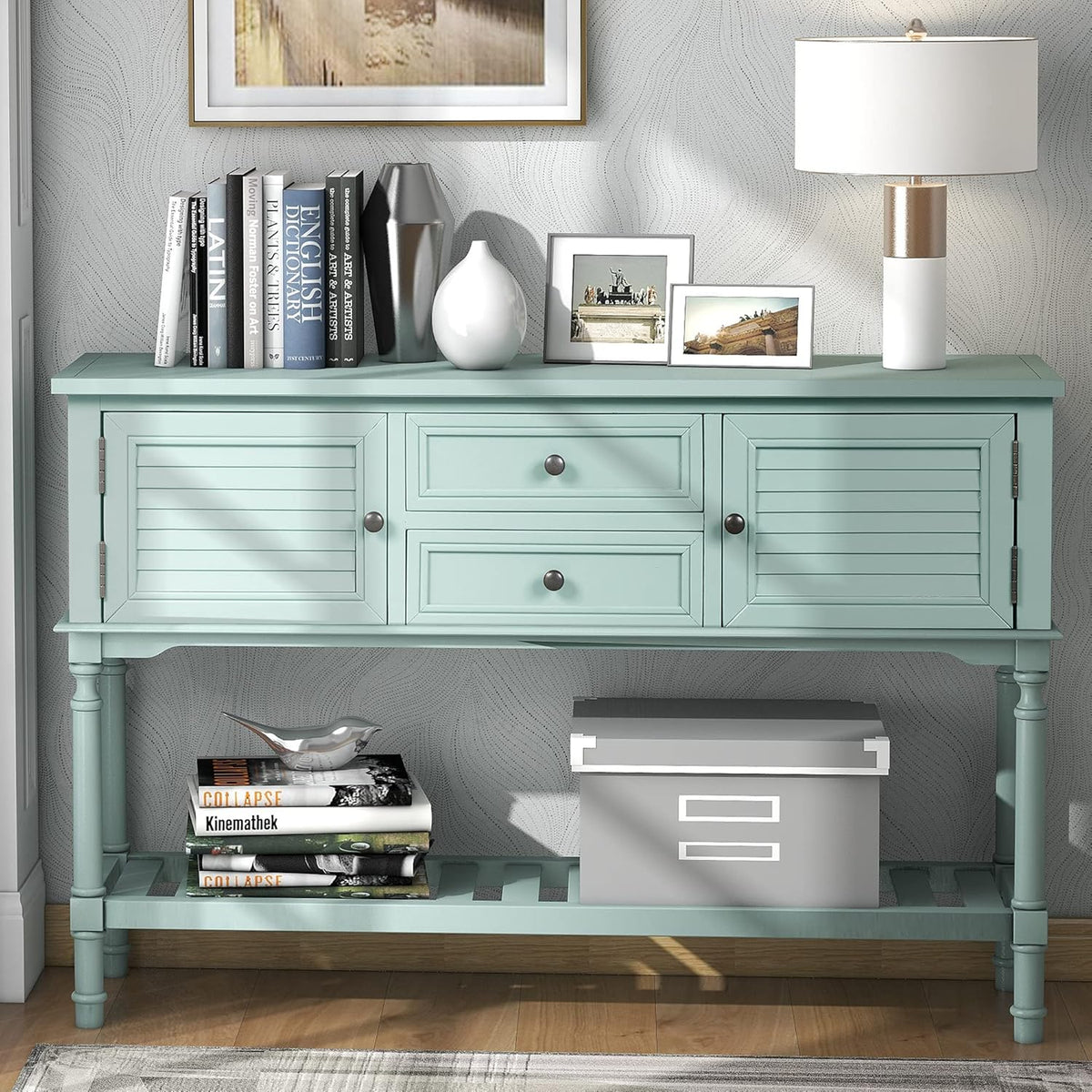 Green Solid Wood Console Table with 7 Drawers and 1 Cabinet C30338