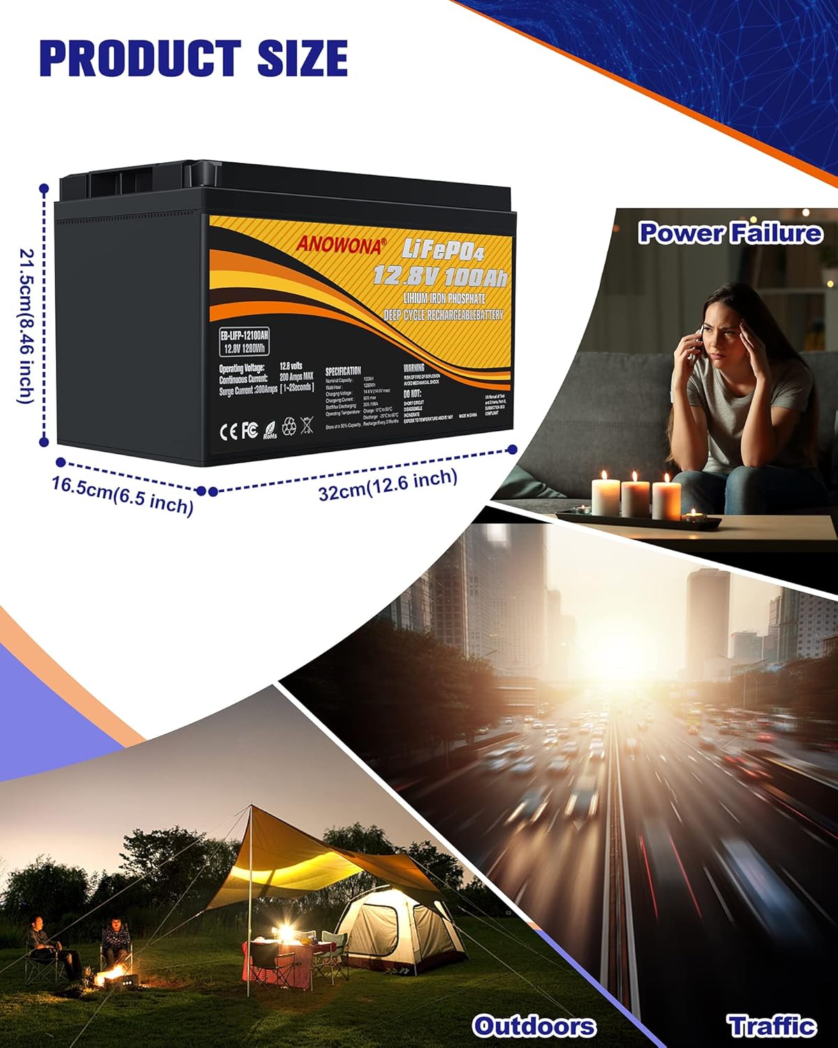 12.8V 100Ah LiFePO4 Deep Cycle Battery with 100A BMS H4491