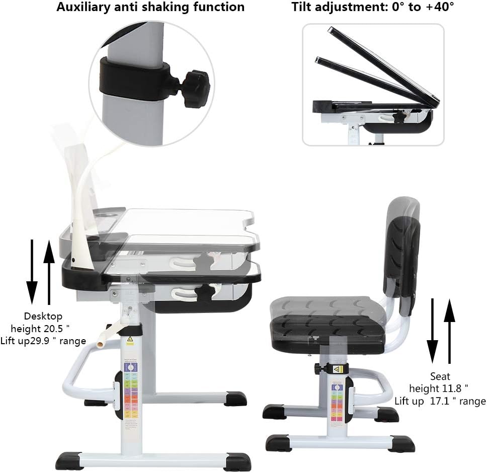 80CM Hand-cranked Lifting Top Can Tilt Children Learning Table and Chair Black with Reading Stand Desk Lamp F9551