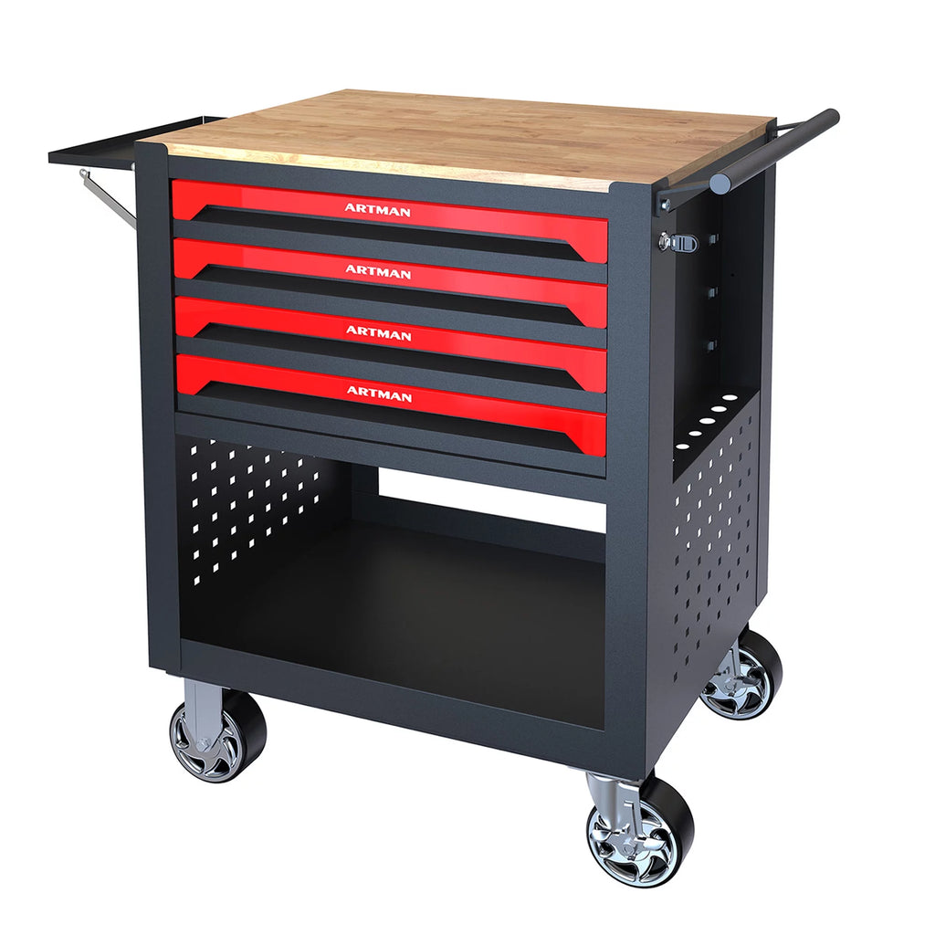 4-Tier Rolling Tool Cart with Cabinet and Wooden Top P7158
