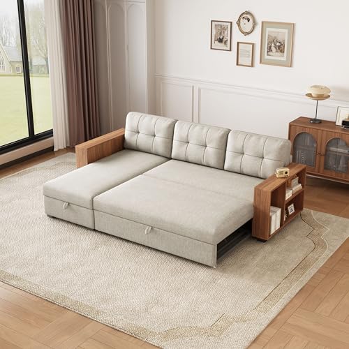 Beige L Shaped Convertible Sectional Sleeper Sofa with Storage Chaise T574