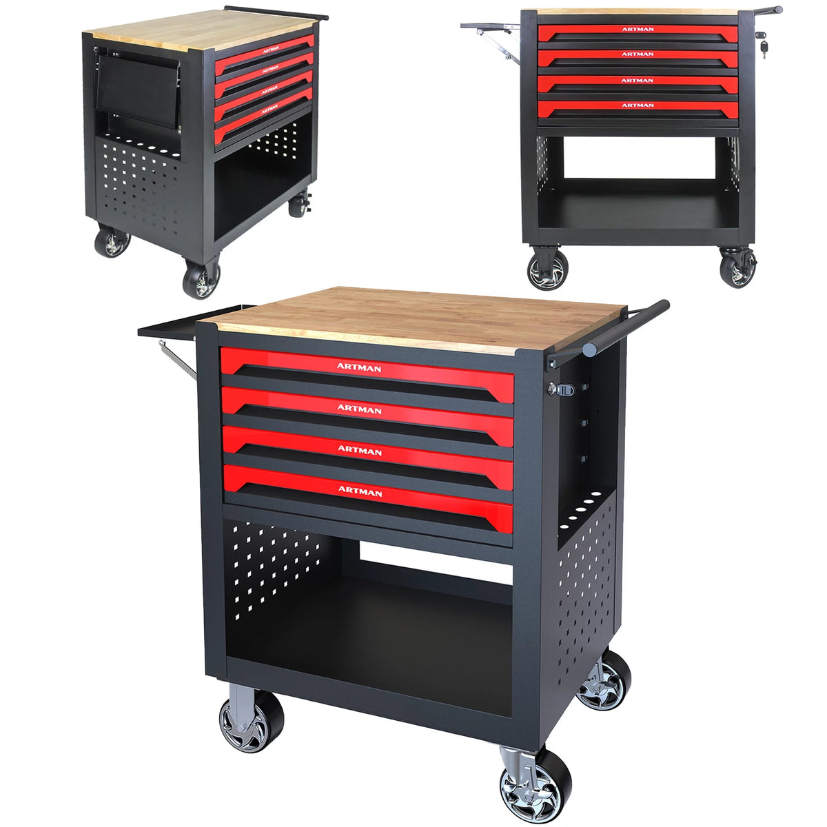4-Tier Rolling Tool Cart with Cabinet and Wooden Top P7158
