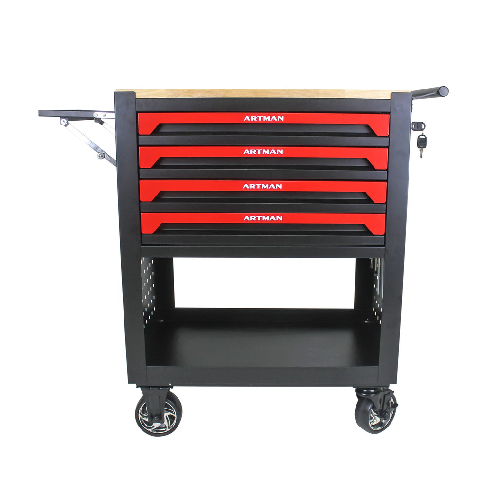 4-Tier Rolling Tool Cart with Cabinet and Wooden Top P7158