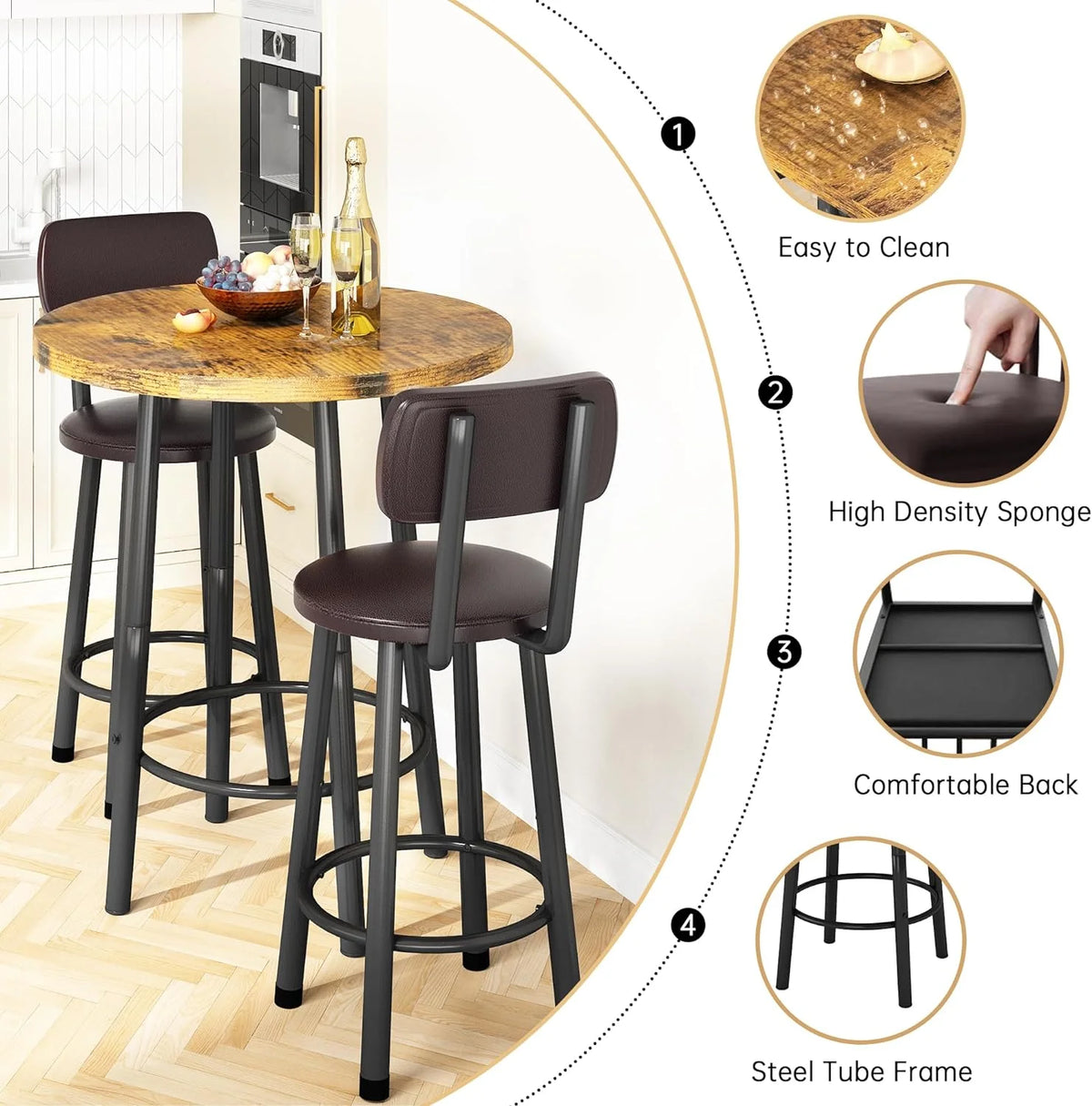 3 Piece Pub Dining Set for 2 Rustic Brown E41136