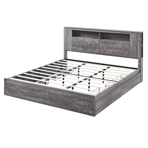 Queen Size Wood Platform Bed Frame with Storage Headboard and 4 Drawers J329293