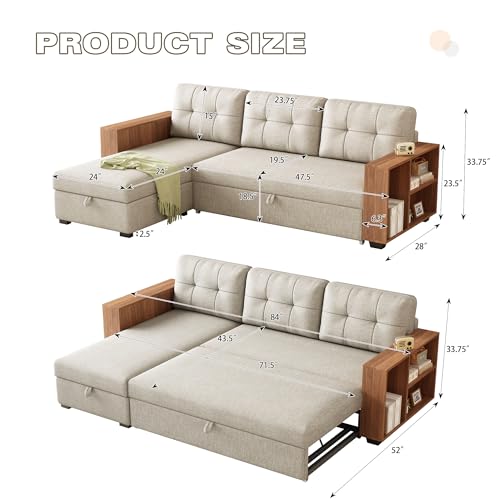 Beige L Shaped Convertible Sectional Sleeper Sofa with Storage Chaise T574