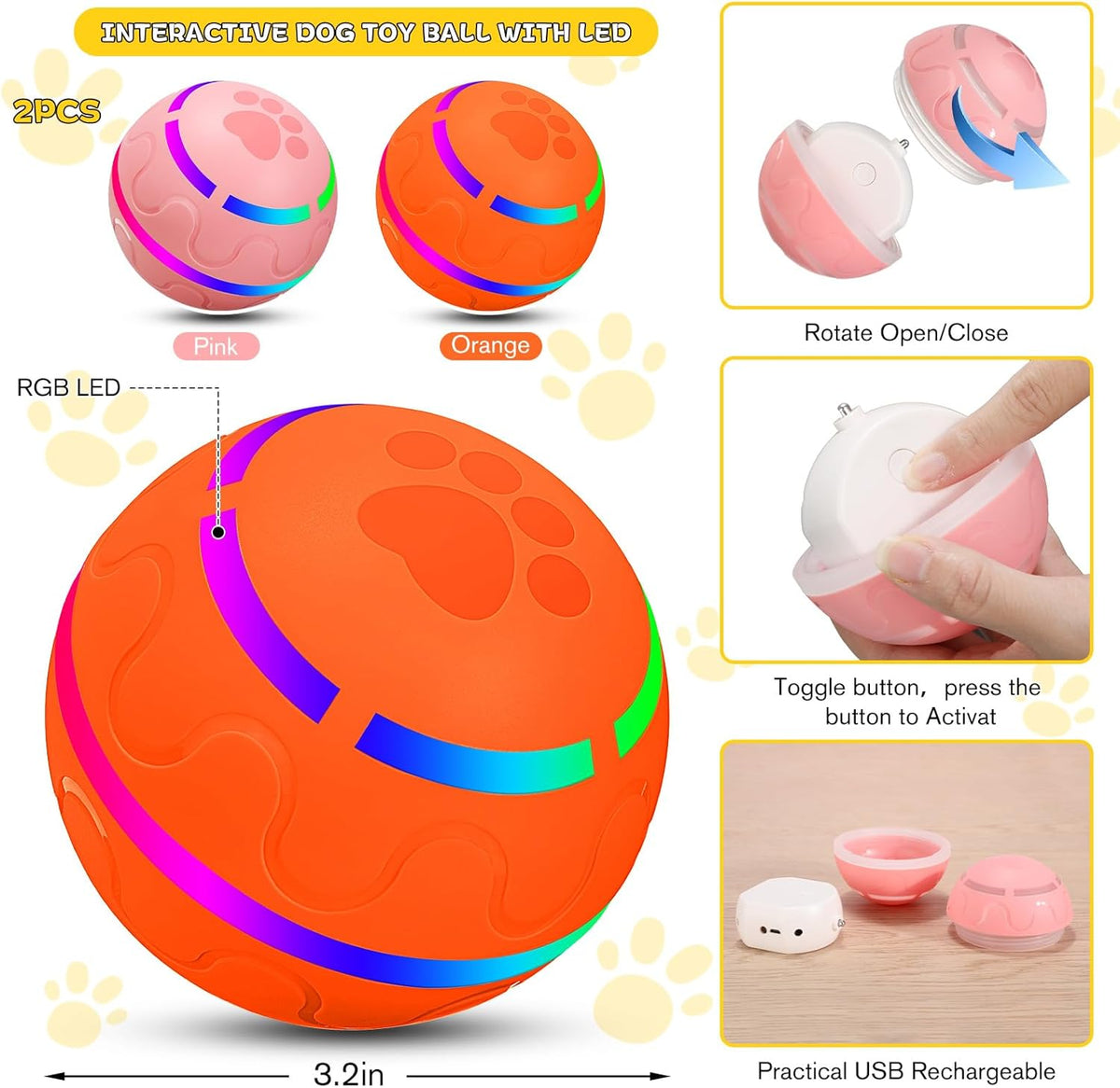 2 Pcs Interactive Dog Toys Peppy Pet Ball Moving Automatic Rolling Ball with LED Flashlight USB Rechargeable (Orange, Pink) W55211