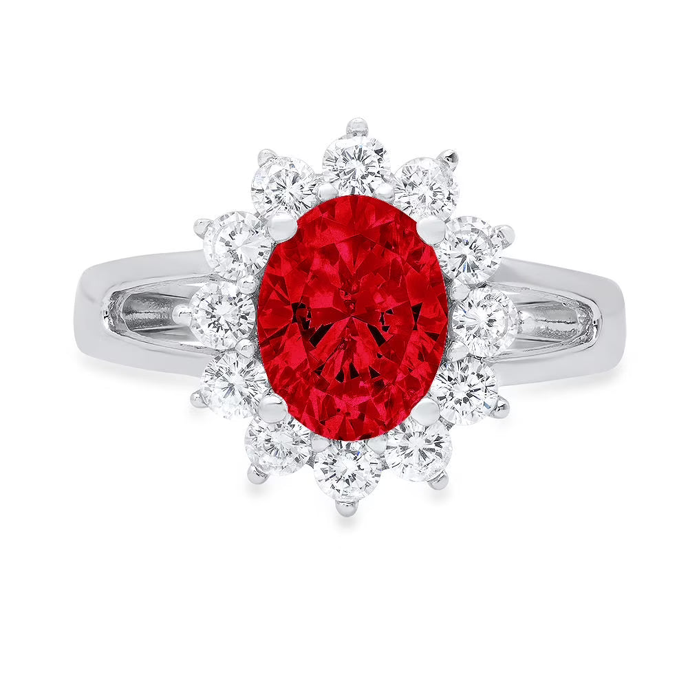 18k White Gold Oval Cut Red Garnet Halo Ring Size 8.25 I511