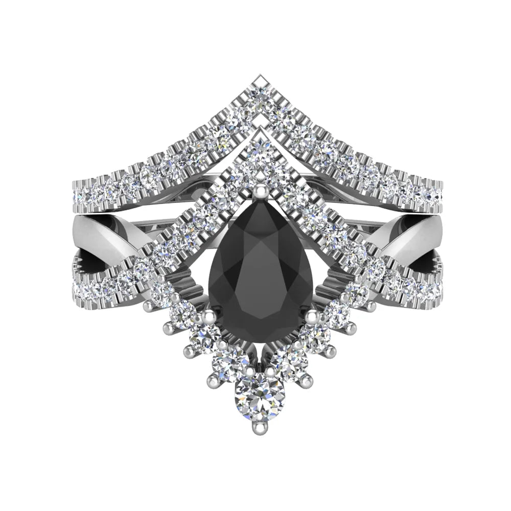 Pear Cut Black Diamond Wedding Ring Set 14K White Gold K76059