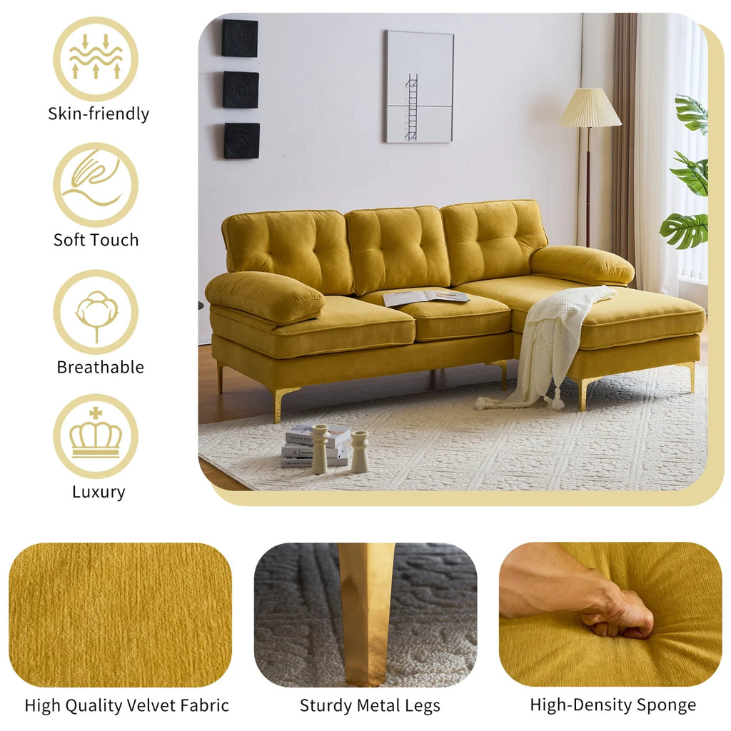 Yellow Velvet 3 Seater Sectional Sofa with Chaise E91262