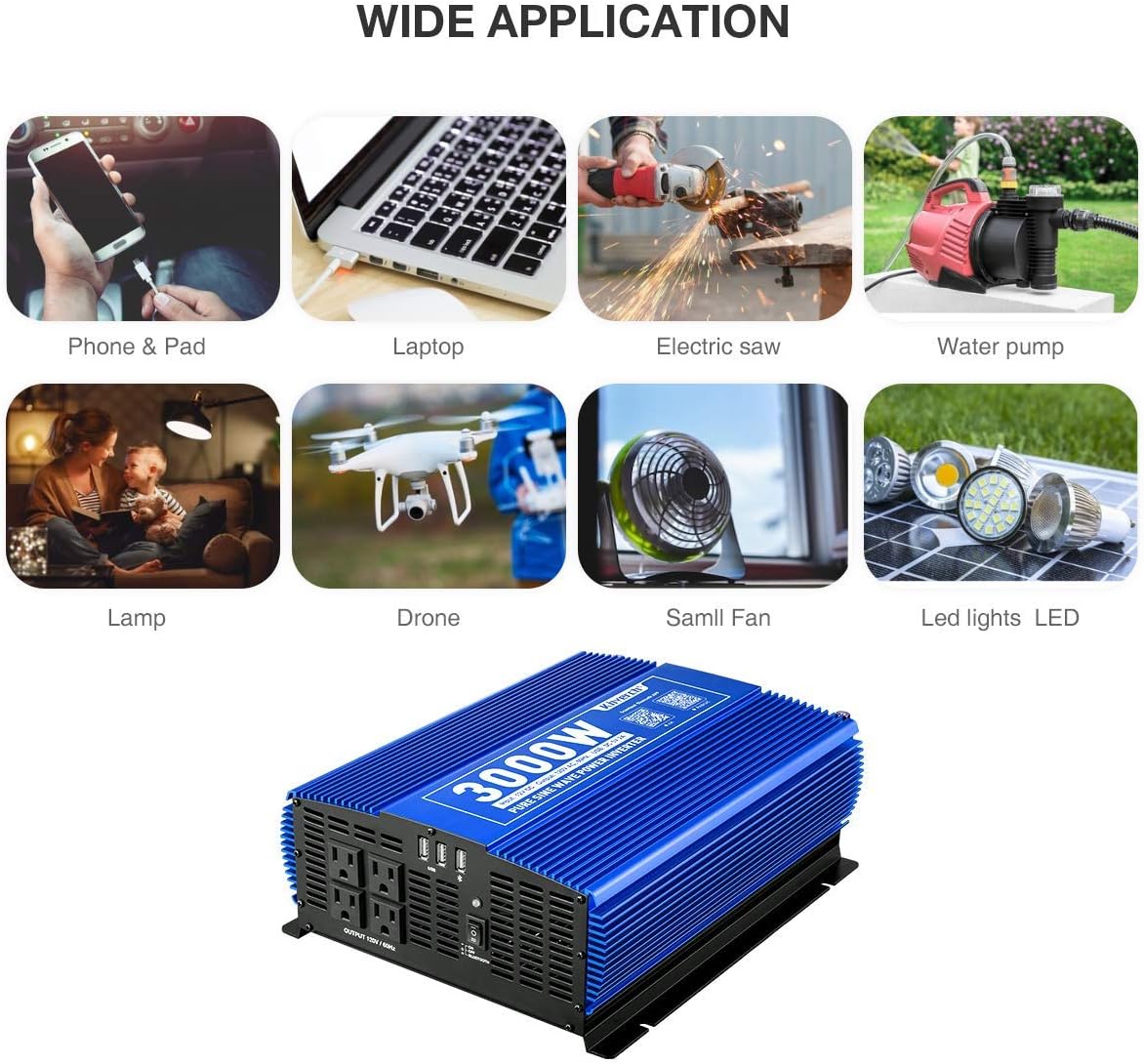 3000W Pure Sine Wave Power Inverter 12V DC to 110V AC Car Inverter with Bluetooth and 4 AC Outlets 2 USB Ports V426393