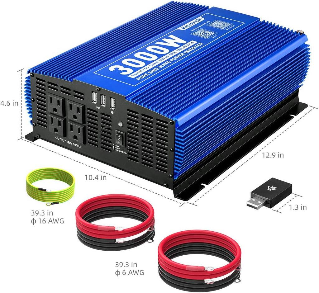 3000W Pure Sine Wave Power Inverter 12V DC to 110V AC Car Inverter with Bluetooth and 4 AC Outlets 2 USB Ports V426393