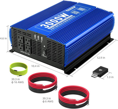3000W Pure Sine Wave Power Inverter 12V DC to 110V AC Car Inverter with Bluetooth and 4 AC Outlets 2 USB Ports V426393