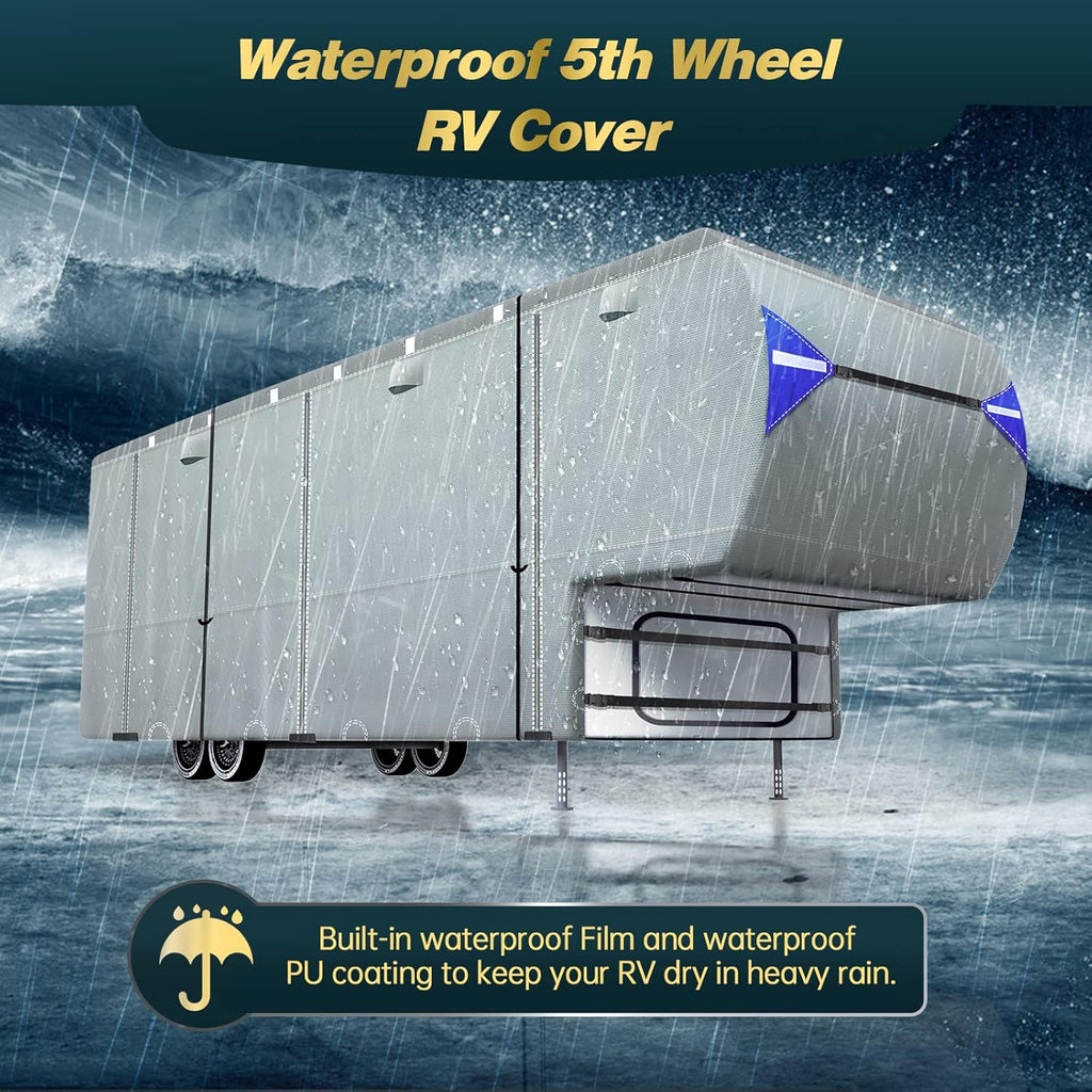 5th Wheel Travel Trailer Cover, 6 Layers Top RV Cover for 33’-37’ RV, Waterproof with 4 Tire Covers & 6 Gutter Covers J2870