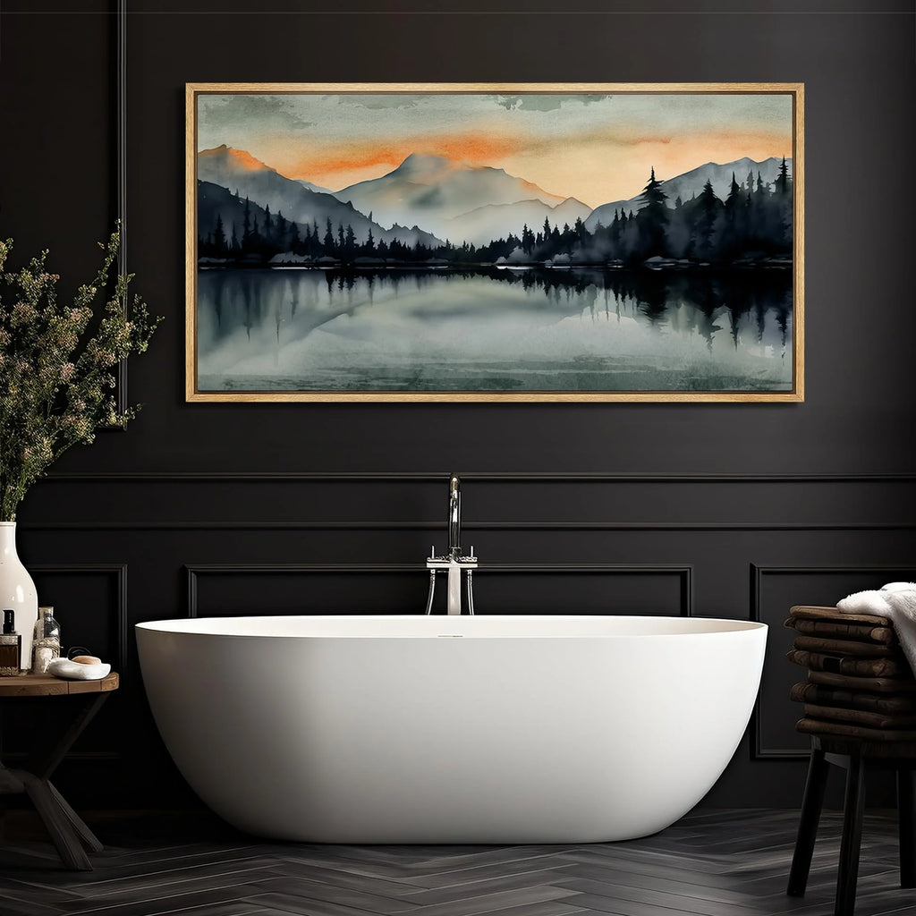 Extra Large Framed Canvas Print Wall Art Sunset Mountain Range & Lake Panoramic Modern Art Nature Wilderness Retro Wall Decorative Oversized Artwork Relax/Calm for Living Room - 60"x30" D300438