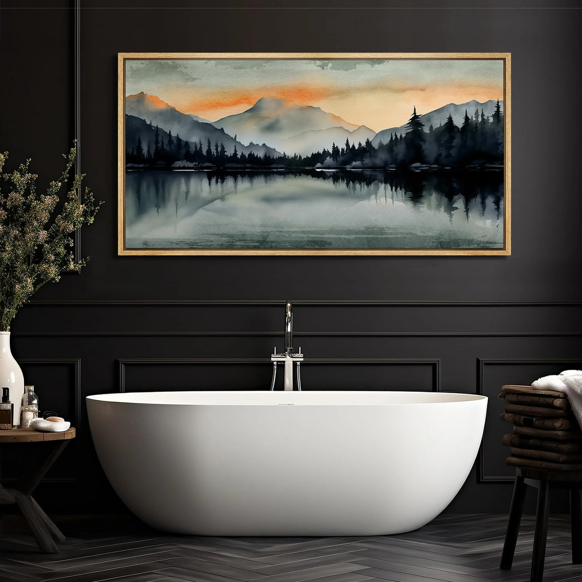 Extra Large Framed Canvas Print Wall Art Sunset Mountain Range & Lake Panoramic Modern Art Nature Wilderness Retro Wall Decorative Oversized Artwork Relax/Calm for Living Room - 60"x30" D300438