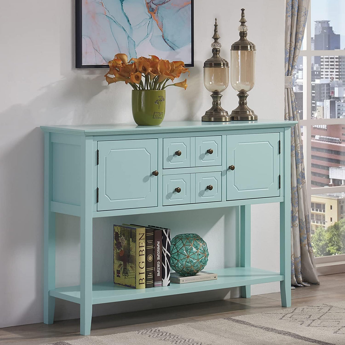 Green Solid Wood Console Table with 7 Drawers and 1 Cabinet C30338
