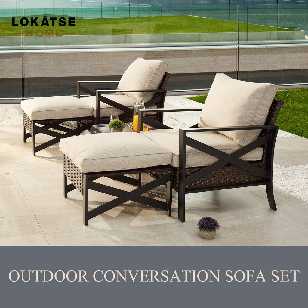 5 Piece Outdoor Wicker Conversation Sofa Set with Cushion and Coffee Table I7118