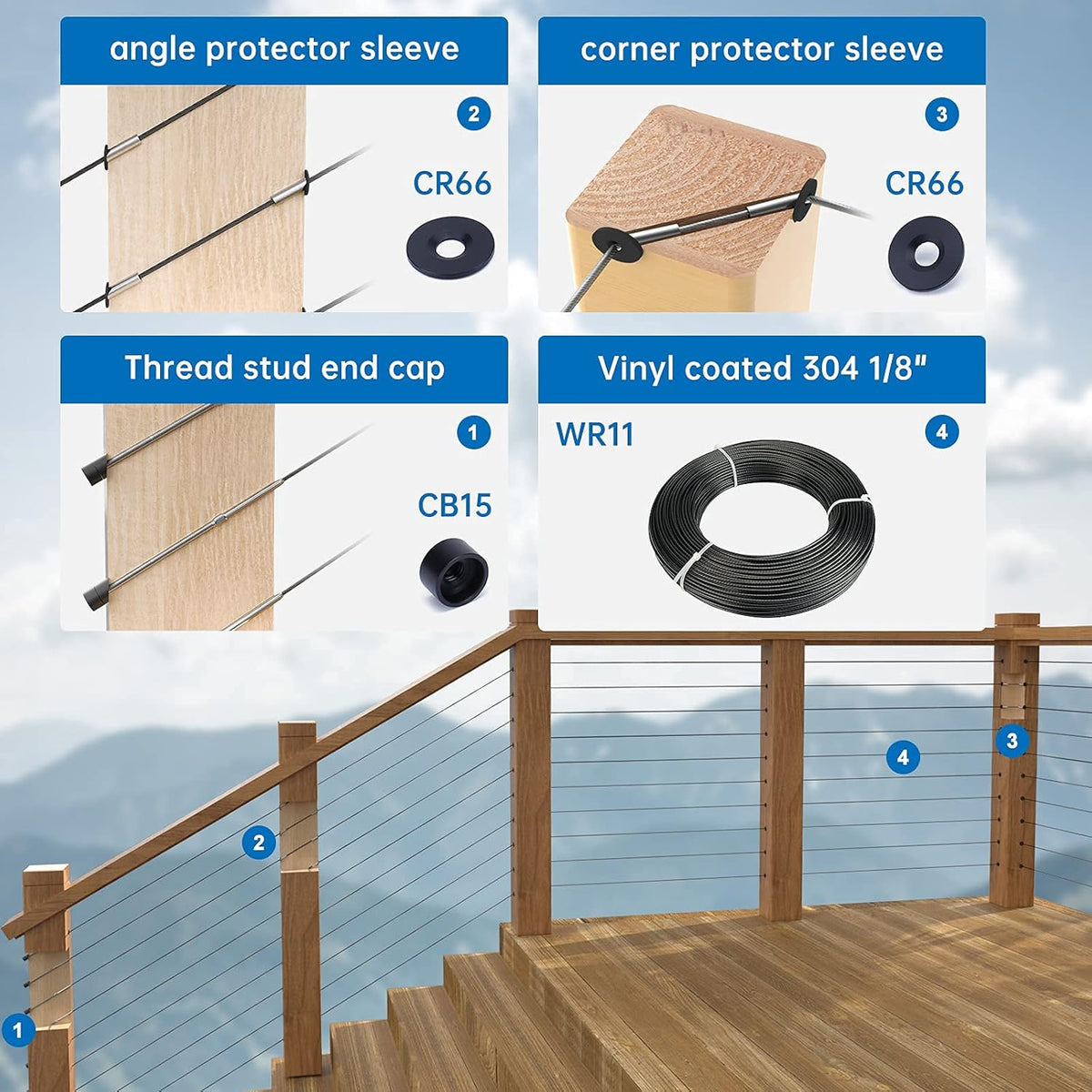 50Pack Cable Railing Kit Adjustable Angled Protector Sleeve for 1/8" Wire Rope Wood Posts Compatible 10 30 40 Degree Beveled Grommet Protective T316 Stainless Steel CR68,CP1 Pack of 2 K3162