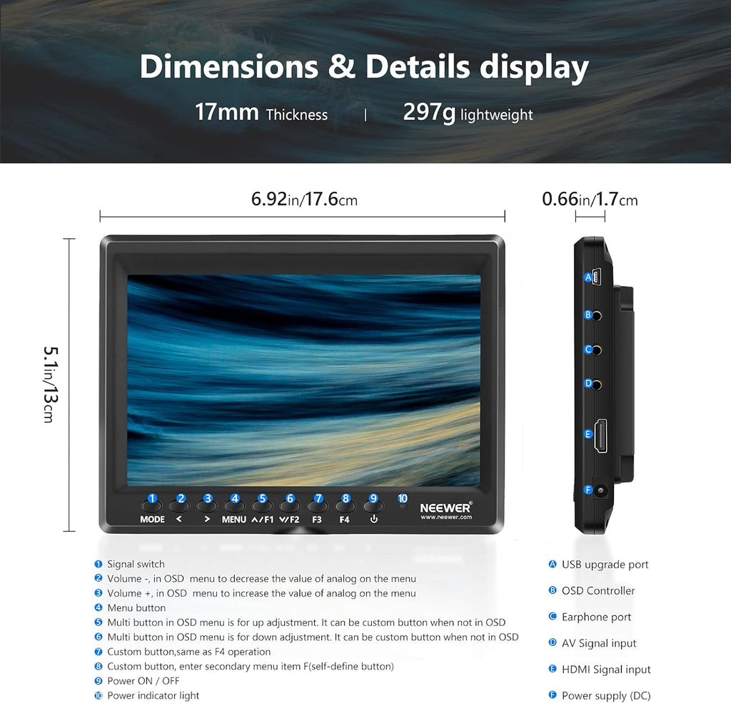 7 Inch 1280x800 4K HDMI Input Camera Field Monitor with 2600mAh Li-ion Battery D6082