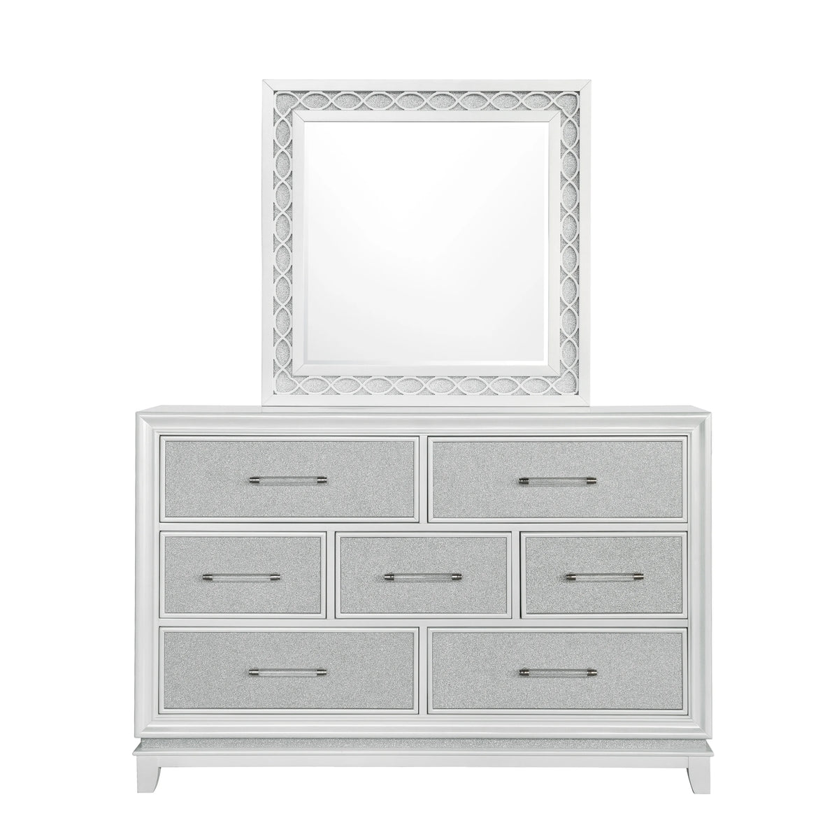 King 5-Piece Bedroom Set with LED Lights, Tufted Bed, Dresser, Mirror, and 2 Nightstands in Pearlized White L118700