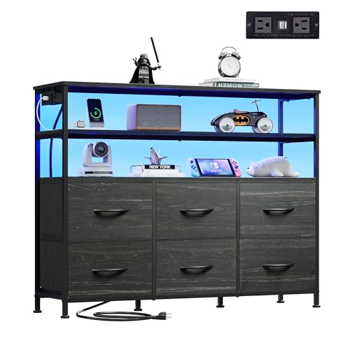 Black 6 Drawer Fabric Dresser with LED Lights and Charging Station U1558