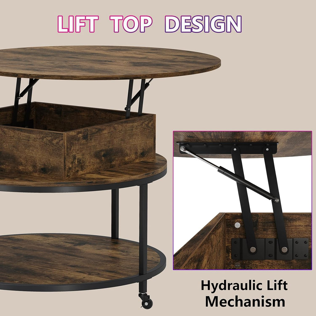Rustic Brown Lift Top Round Coffee Table with 2-Tier Storage & Wheels P497