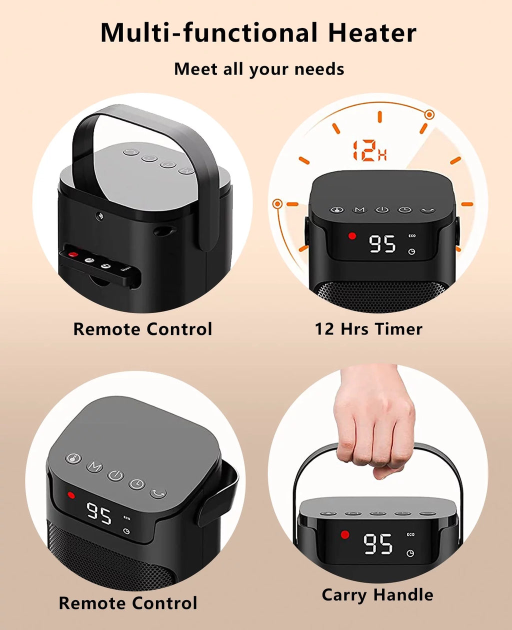 Electric Space Heater Indoor PTC Ceramic Heater with Thermostat Remote 90° Oscillating 1500W T925939