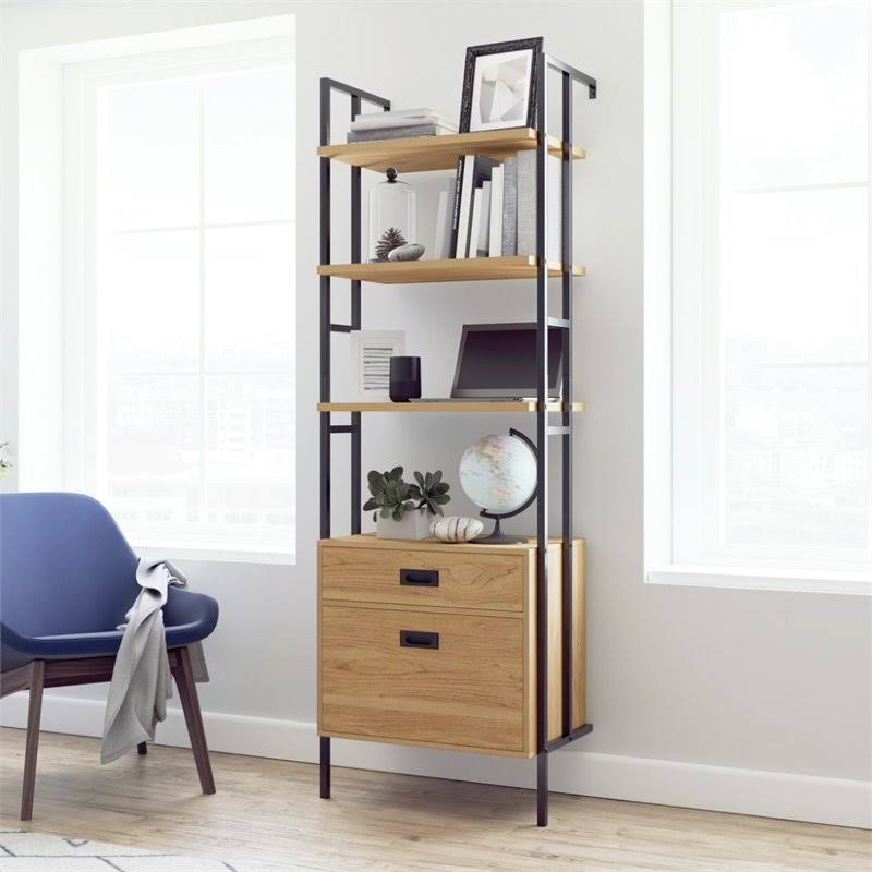 4-Shelf Wall-Mounted Bookcase with Drawers Serene Walnut E325