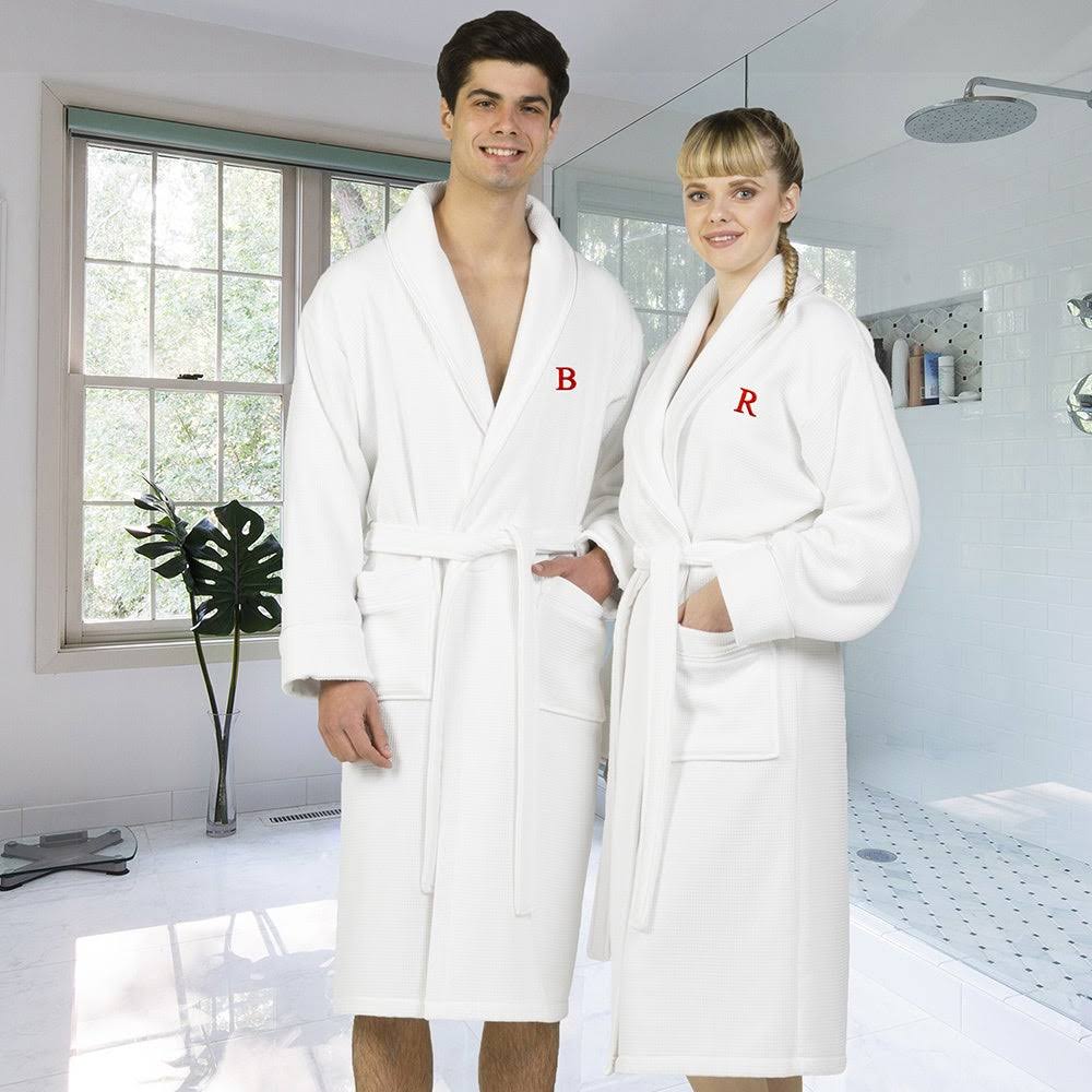 White Turkish Cotton Waffle Terry Bathrobe with Satin Piped Trim Y814