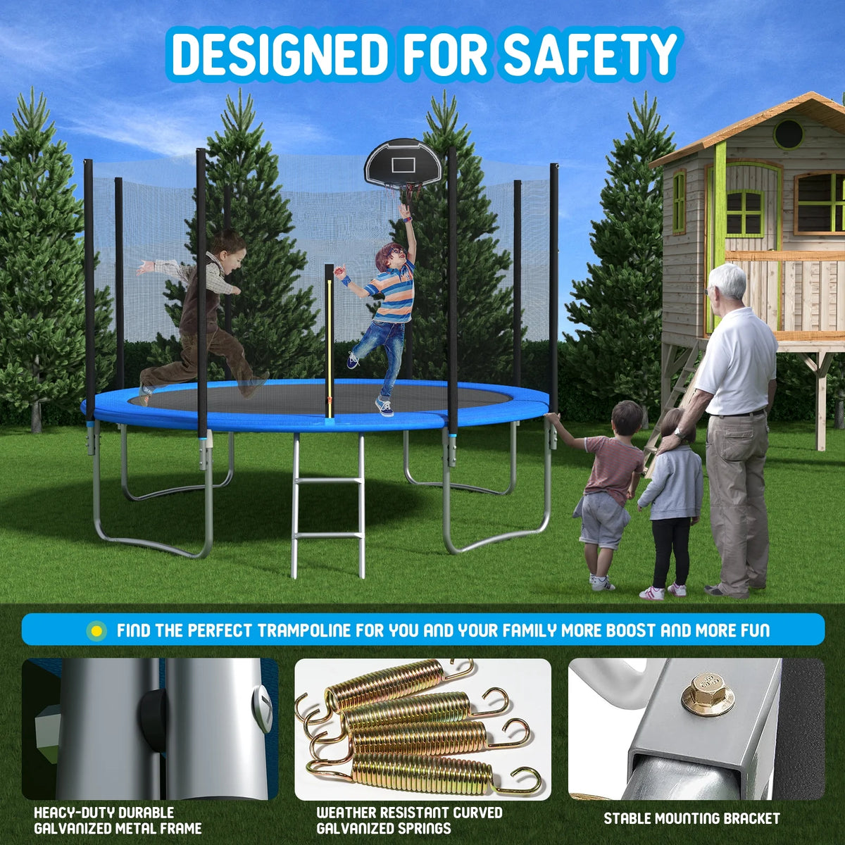 Large 2-IN-1 Trampoline with Hoop, High Density Net, 4 Steel Support Q291