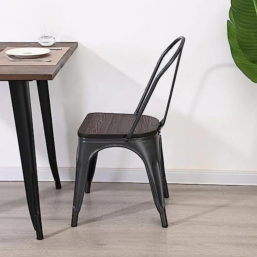 Gunmetal Grey Metal Dining Chairs Set of 4 with Wood Seat U920
