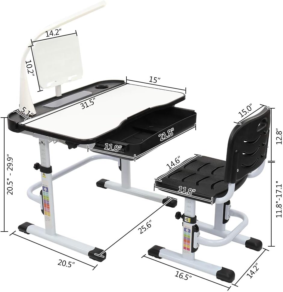 80CM Hand-cranked Lifting Top Can Tilt Children Learning Table and Chair Black with Reading Stand Desk Lamp F9551