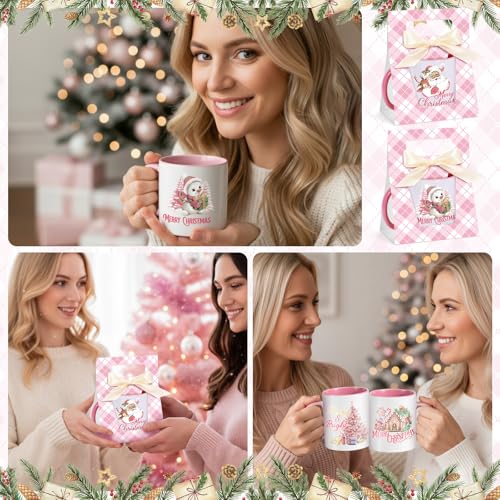 6 Sets Pink Ceramic Christmas Mugs 12 oz Y34986