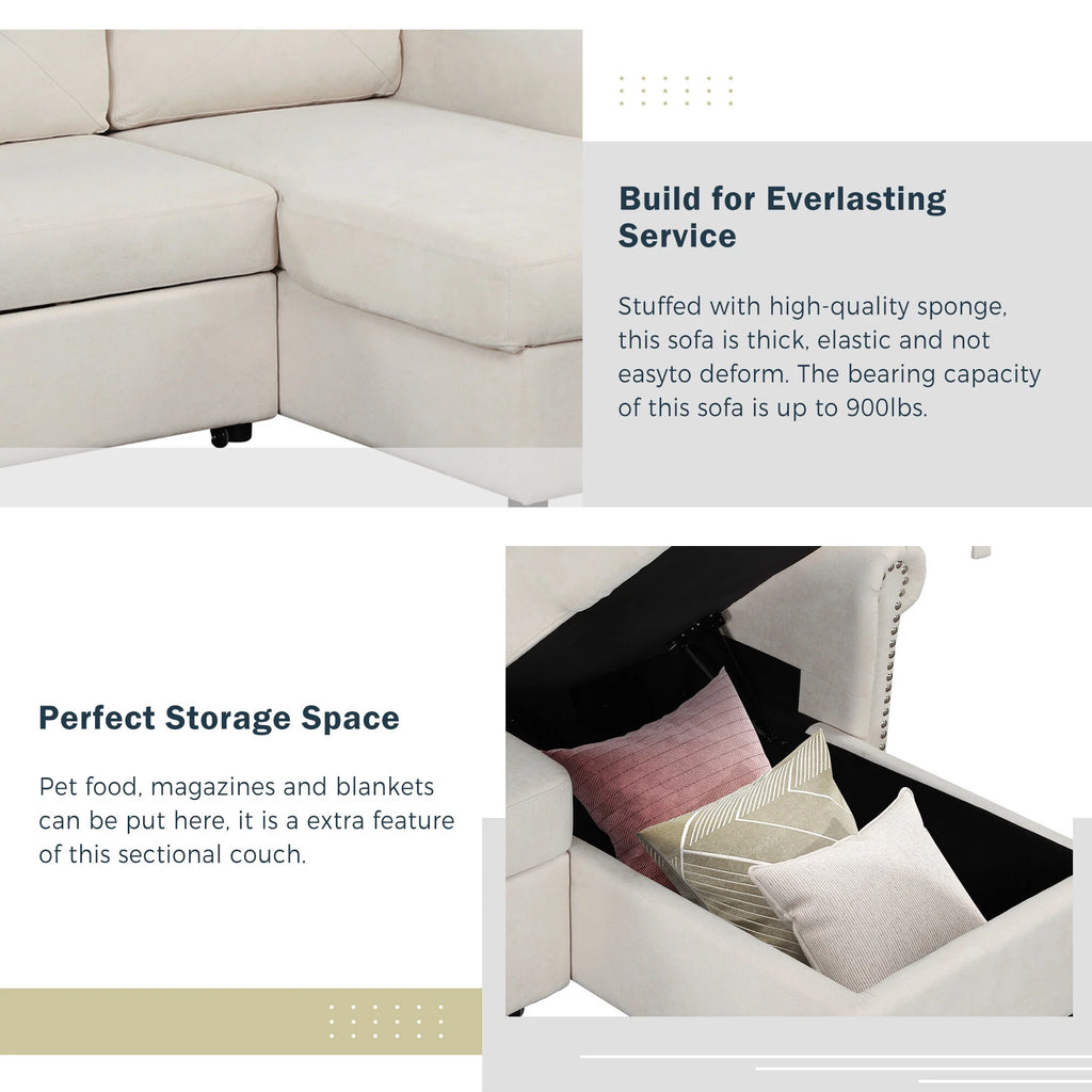 Velvet L Shaped Convertible Sleeper Sofa with Storage Chaise J94013