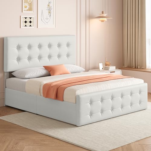 Black Queen Size Faux Leather Upholstered Platform Bed Frame with 4 Storage Drawers and Headboard C4351