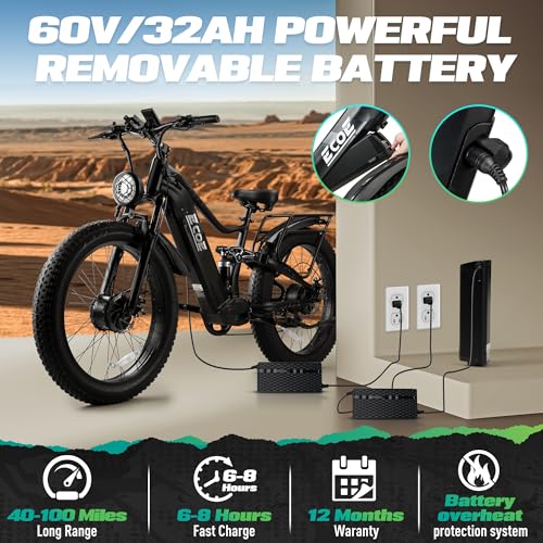 5000W Dual Motor Electric Bike 60V 32AH Battery 26x4 Fat Tire Full Suspension 7-Speed Gear Electric Bicycle H555