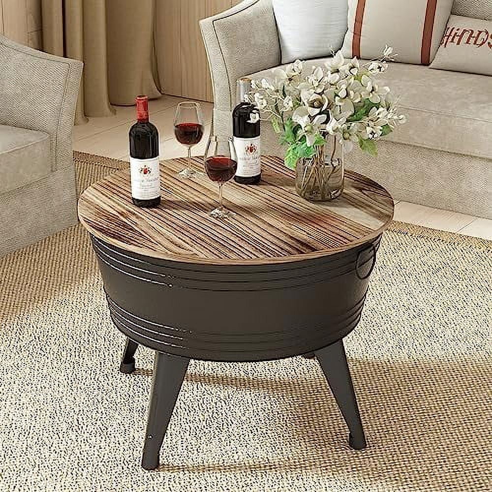 Galvanized Rustic Round Metal End Tables with Wood Lid W96881
