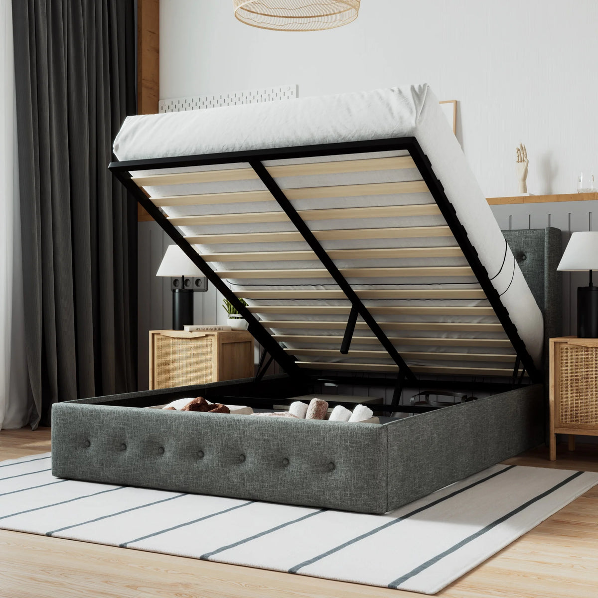 Beige Queen Size Lift Up Platform Bed Frame with Headboard N259
