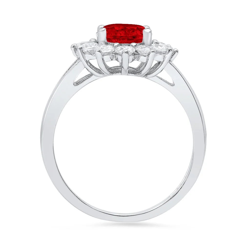 18k White Gold Oval Cut Red Garnet Halo Ring Size 8.25 I511