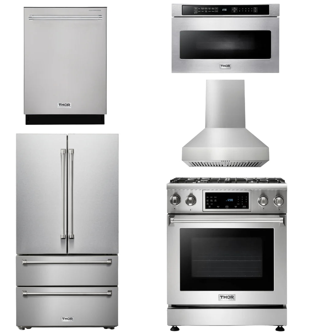 30 In. Propane Gas Range, Range Hood, Microwave Drawer, Refrigerator, Dishwasher T377958