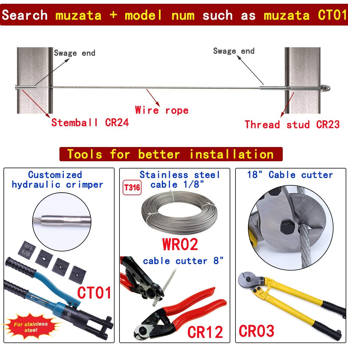 40Pack 1/8 Stemball Swage Dead End Invisible Cable Railing Kit Hardware Terminal End Fitting T316 Stainless Steel S3998