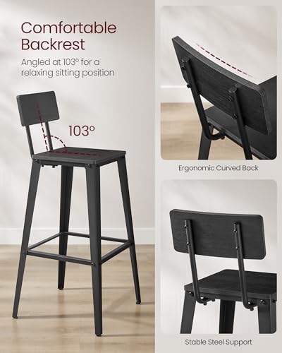 Set of 2 Bar Stools with Back, Steel Frame, Ash Black and Ink Black F22237