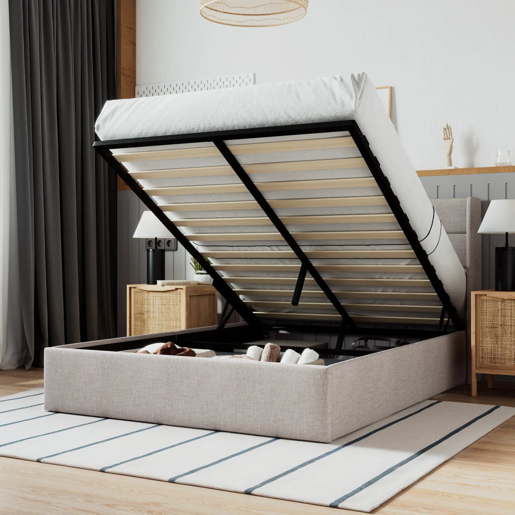 Beige Queen Size Lift Up Platform Bed Frame with Headboard N259