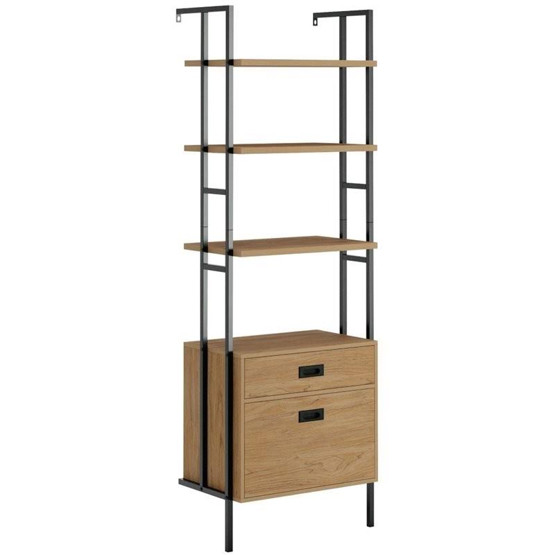 4-Shelf Wall-Mounted Bookcase with Drawers Serene Walnut E325