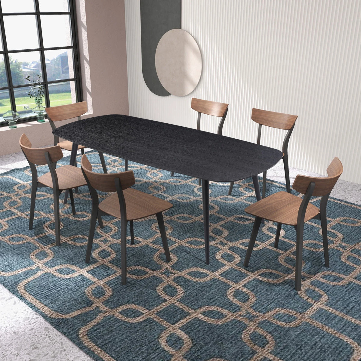 Rectangular Dining Table Black Oak Finished Ash Veneer Top 8 Persons H479