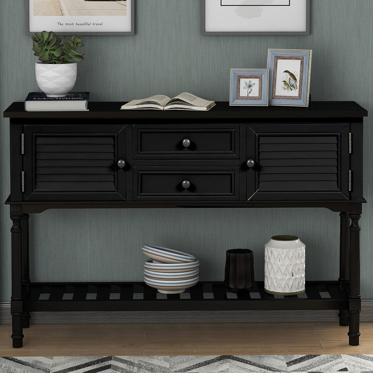 Green Solid Wood Console Table with 7 Drawers and 1 Cabinet C30338