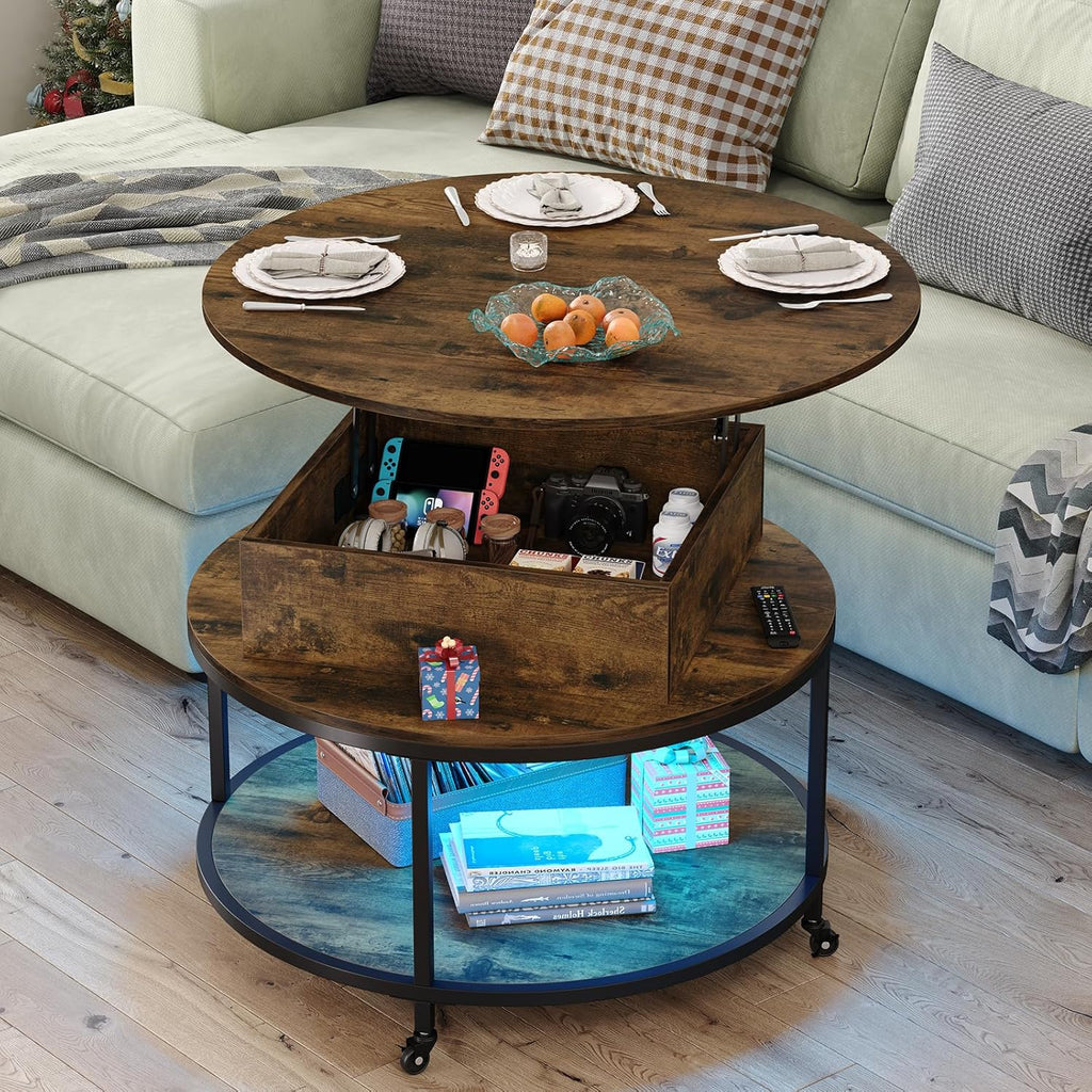 Rustic Brown Lift Top Round Coffee Table with 2-Tier Storage & Wheels P497
